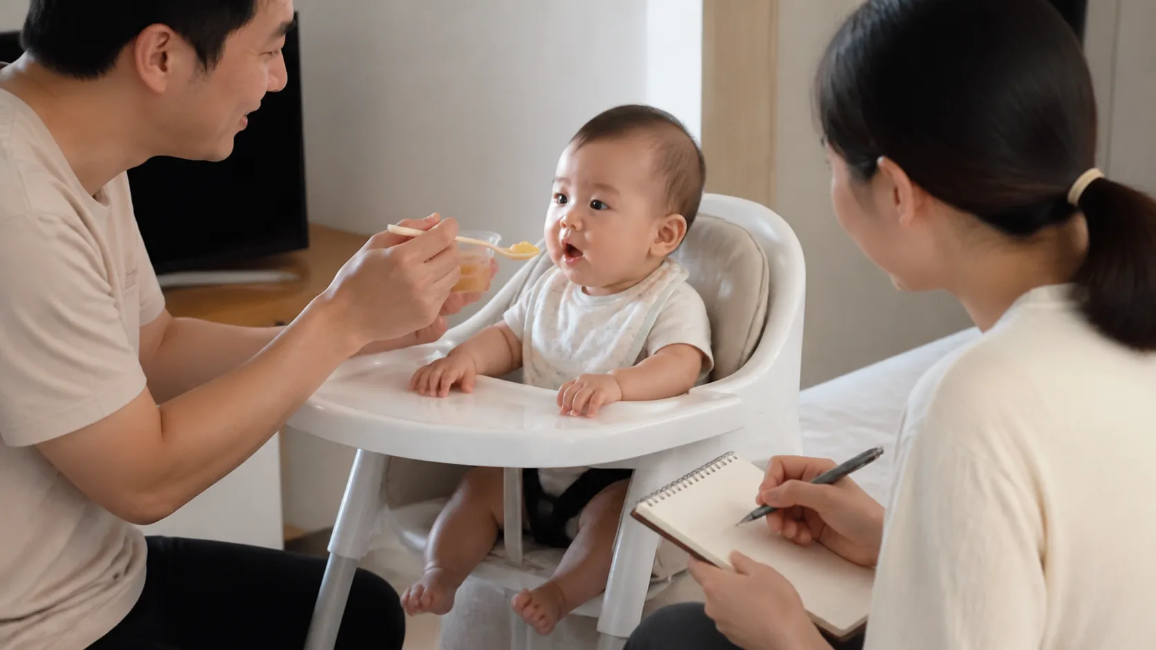 Parents safely prepare, offer, observe, or discuss an allergenic food with an infant in a photorealistic home or clinic