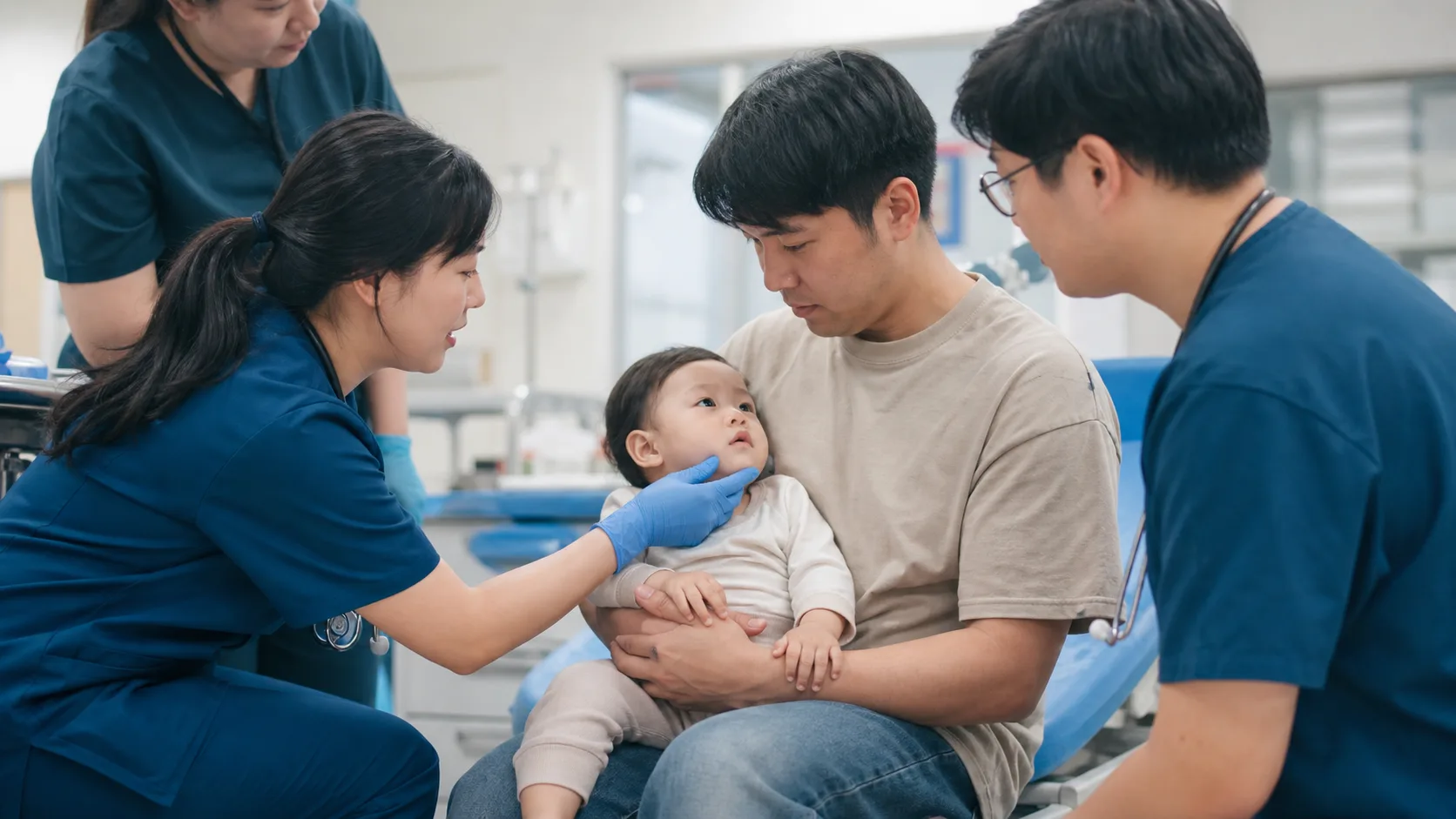 Parents safely prepare, offer, observe, or discuss an allergenic food with an infant in a photorealistic home or clinic