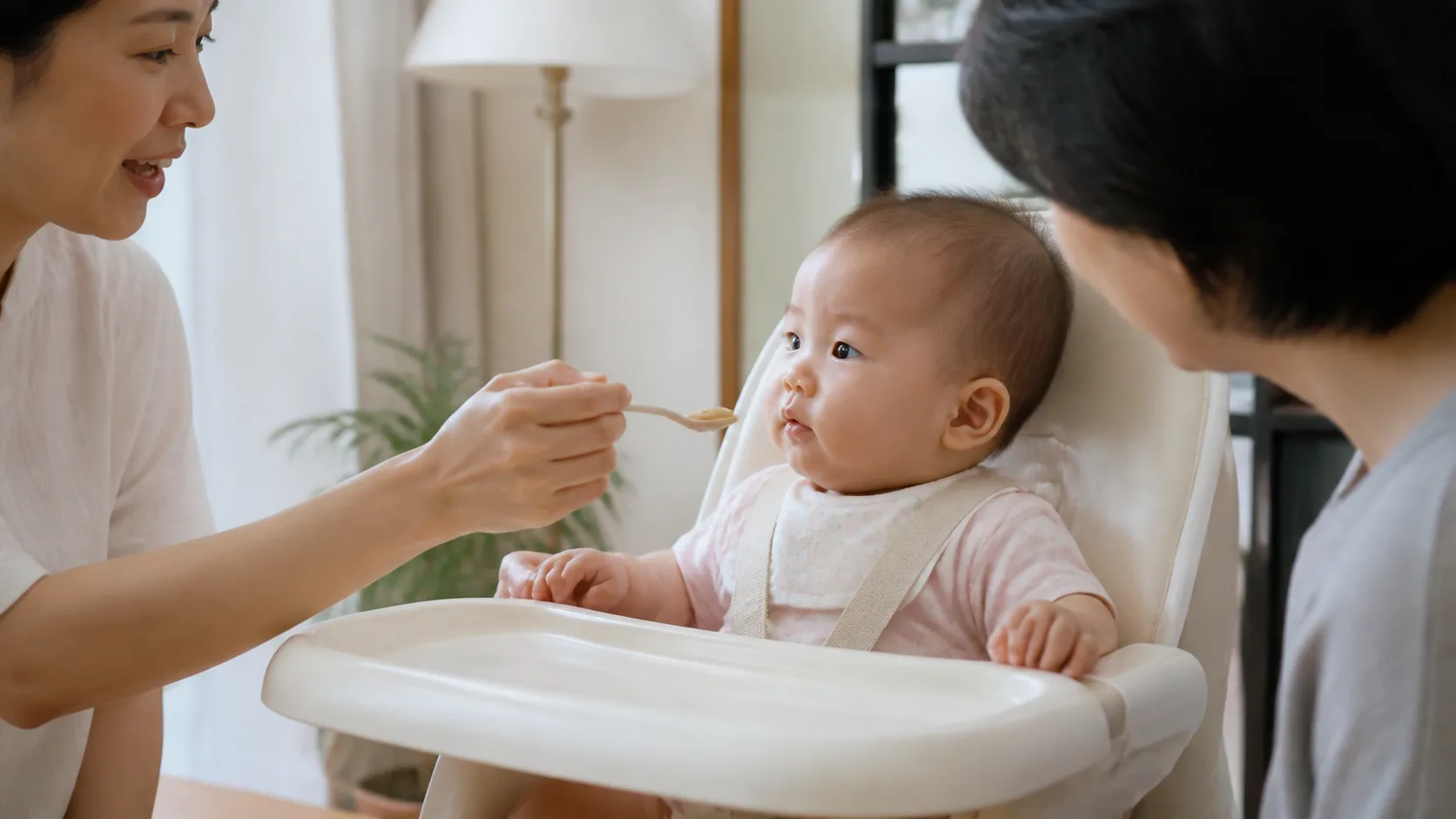 Parents safely prepare, offer, observe, or discuss an allergenic food with an infant in a photorealistic home or clinic