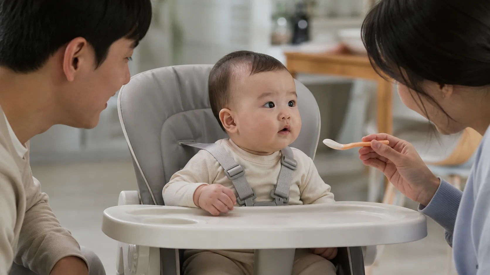 Parents safely prepare, offer, observe, or discuss an allergenic food with an infant in a photorealistic home or clinic