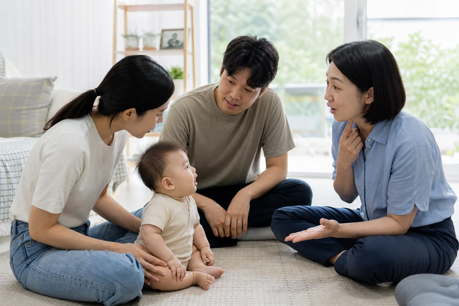 A photorealistic scene of an awake baby and real people sharing responsive vocal or social communication