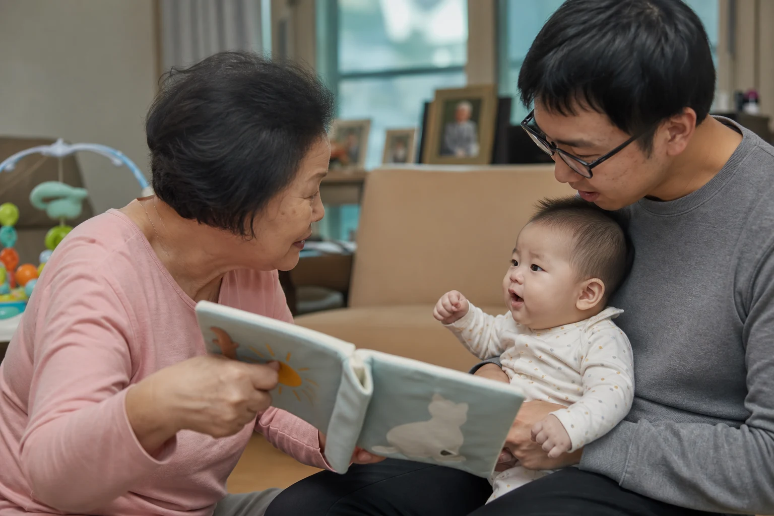A photorealistic scene of an awake baby and real people sharing responsive vocal or social communication