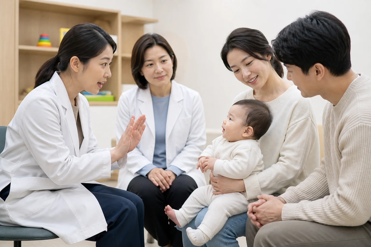 A photorealistic scene of an awake baby and real people sharing responsive vocal or social communication