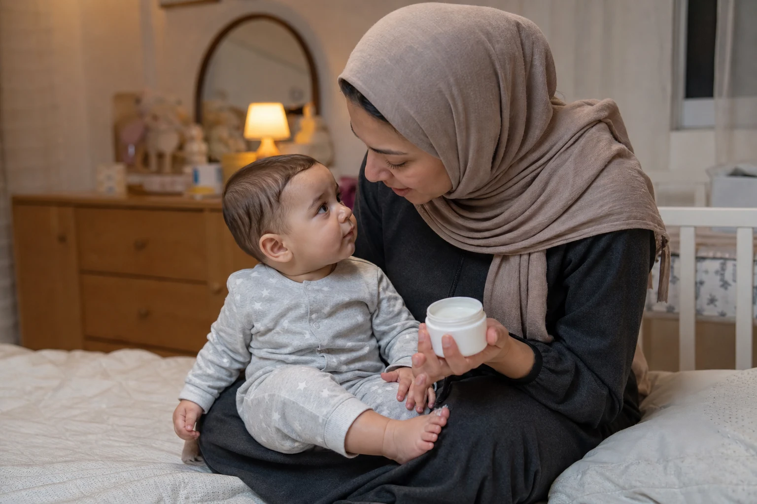 A photorealistic real-life scene with a fully clothed baby and caregiver or clinician demonstrating safe bath and skin-barrier care
