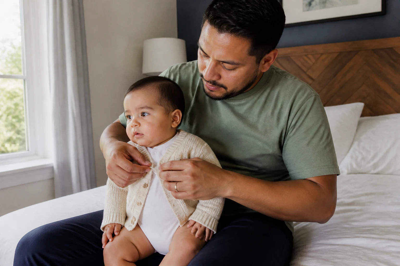 A photorealistic real-life scene with a fully clothed baby and caregiver or clinician demonstrating safe bath and skin-barrier care