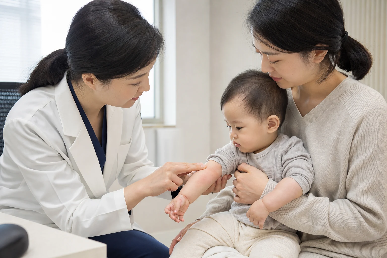 A photorealistic real-life scene with a fully clothed baby and caregiver or clinician demonstrating safe bath and skin-barrier care