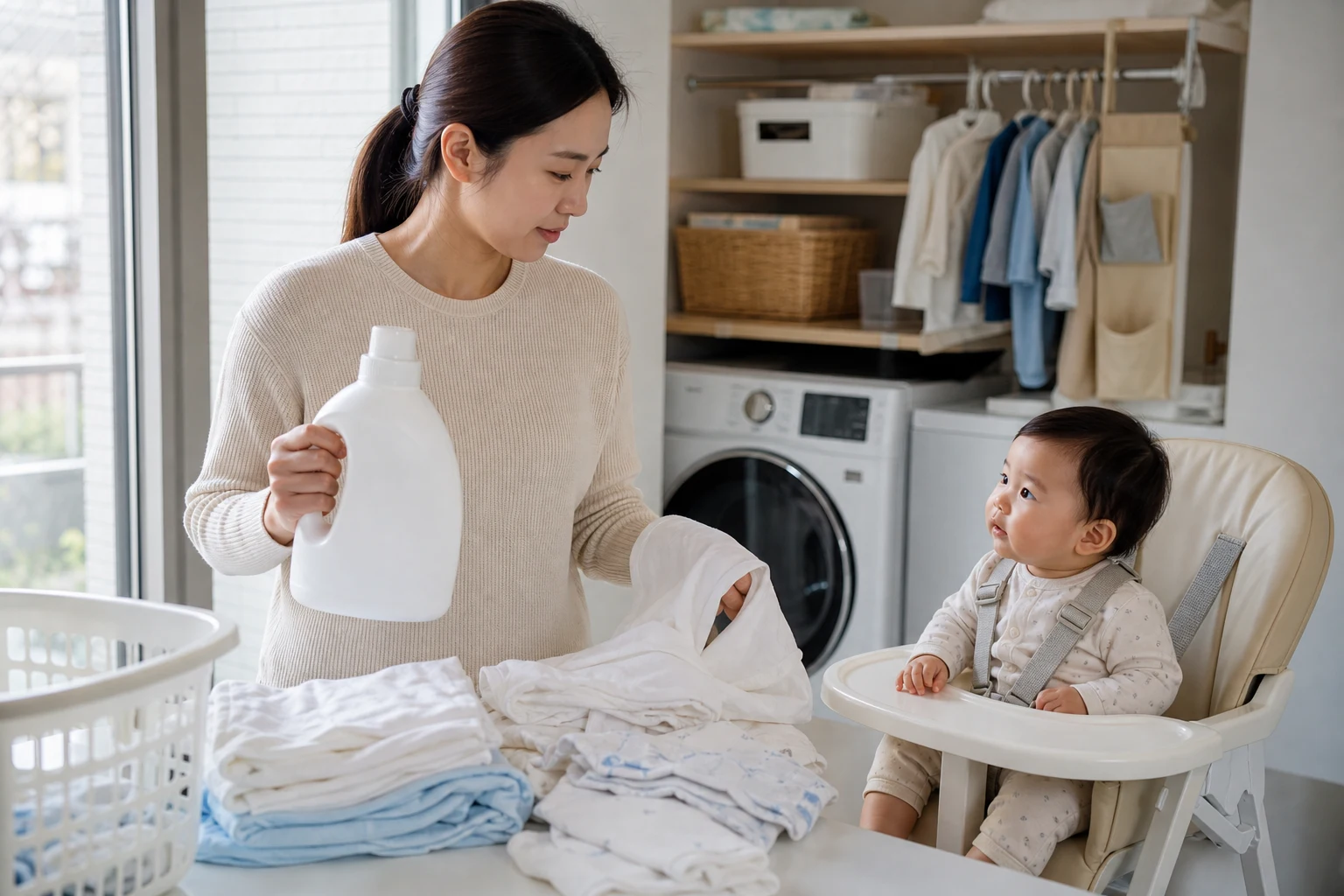 A photorealistic real-life scene with a fully clothed baby and caregiver or clinician demonstrating safe bath and skin-barrier care