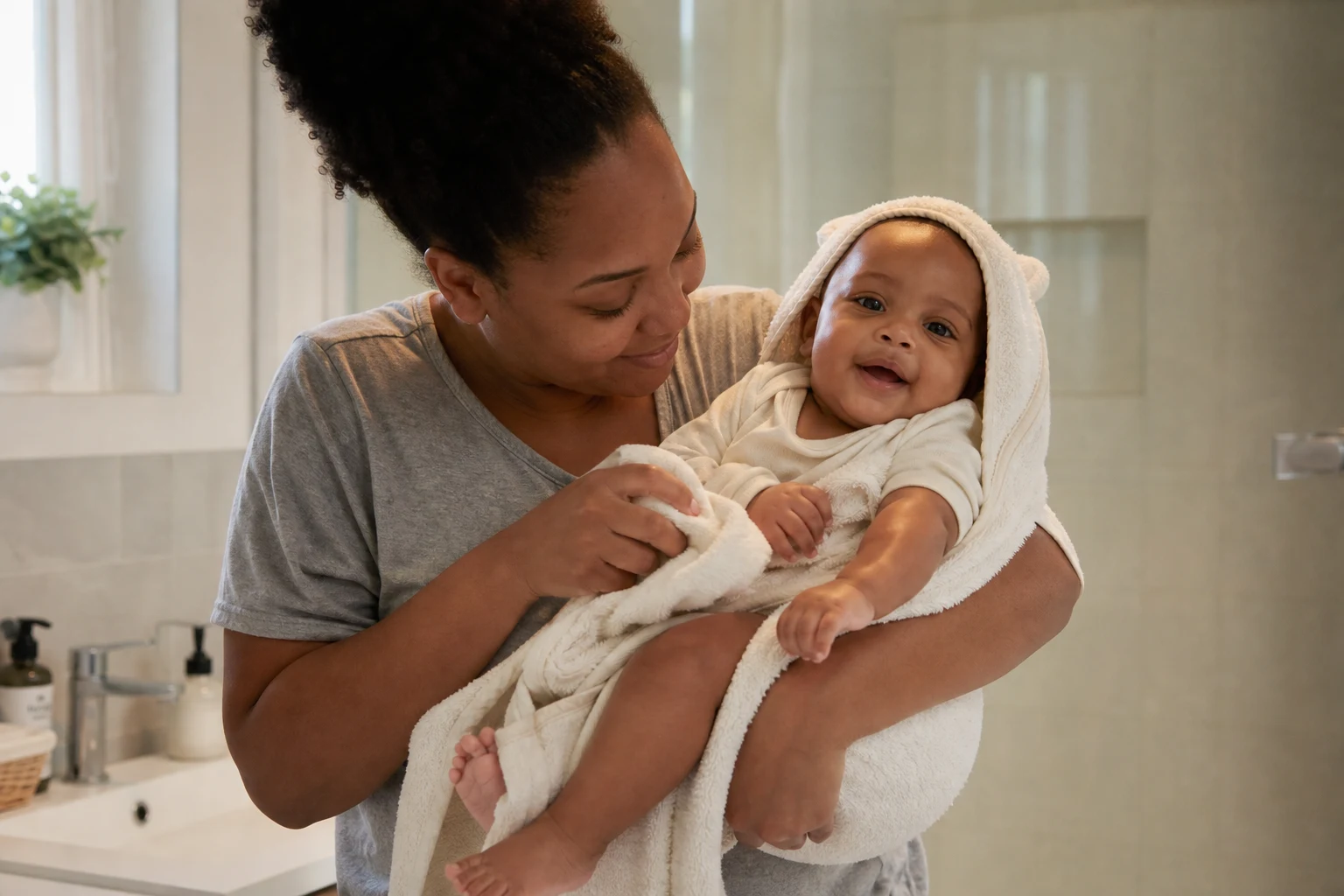 A photorealistic real-life scene with a fully clothed baby and caregiver or clinician demonstrating safe bath and skin-barrier care