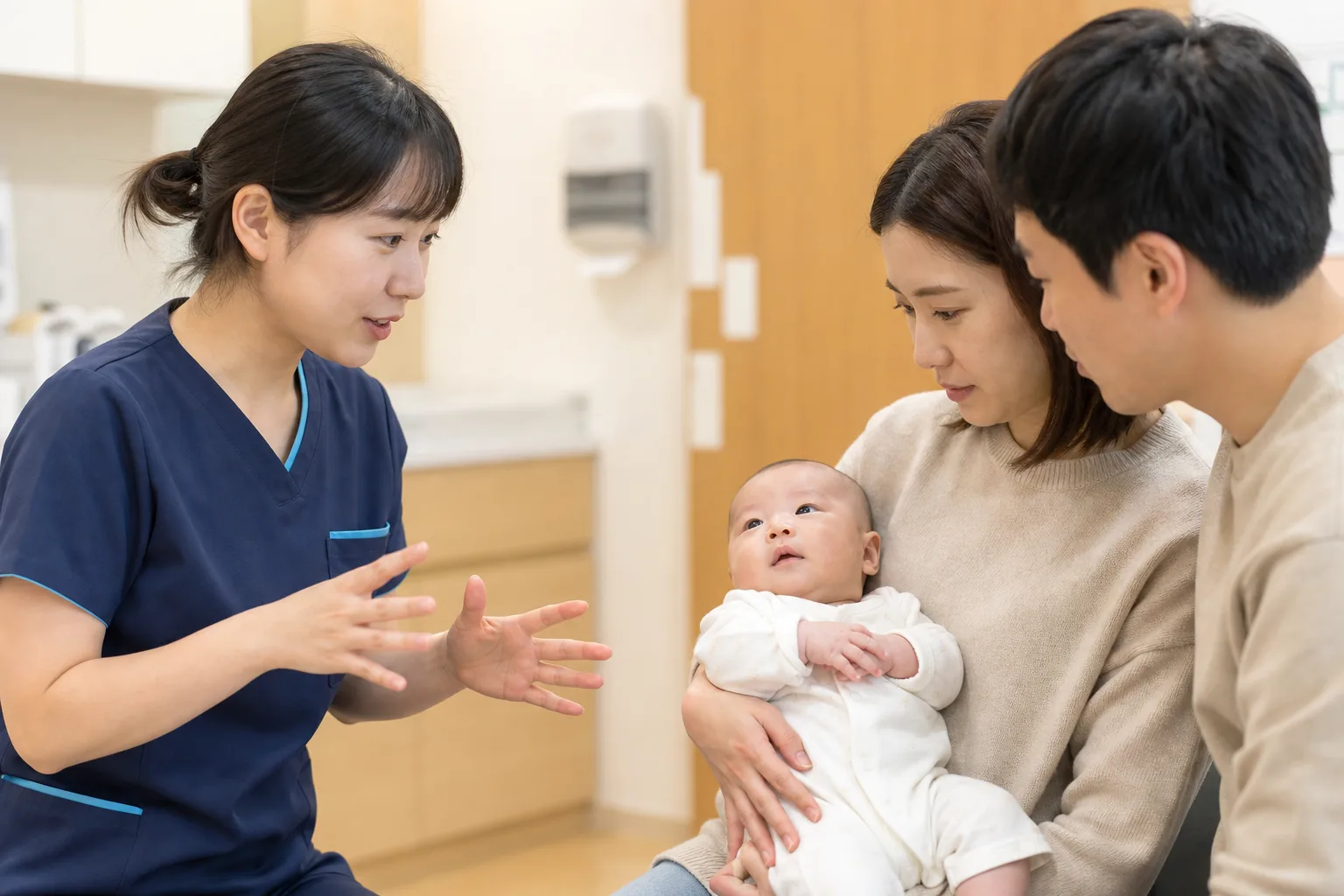 Adult caregivers observe an infant's breathing in a realistic safe home or pediatric clinic