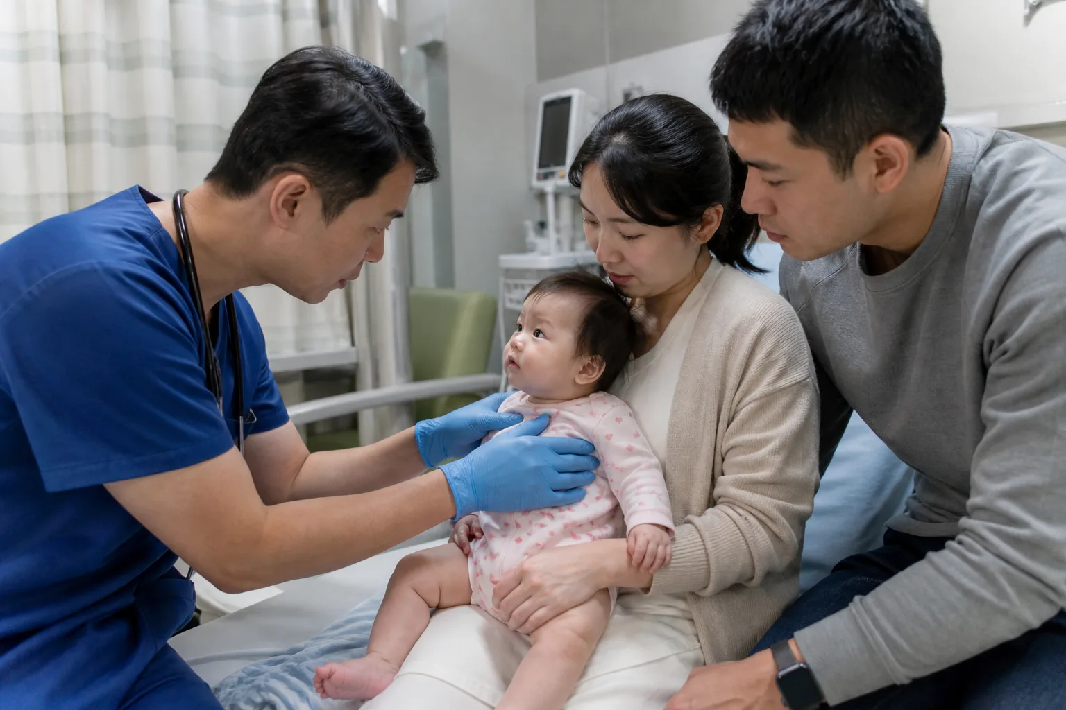 Adult caregivers observe an infant's breathing in a realistic safe home or pediatric clinic