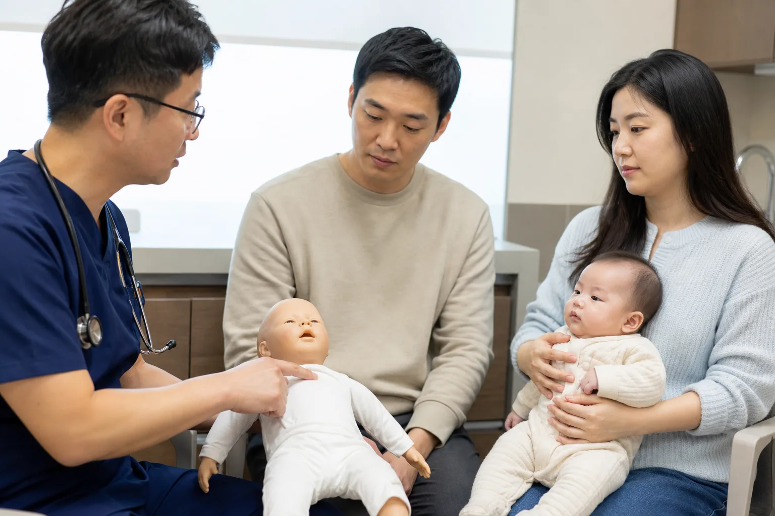 Adult caregivers observe an infant's breathing in a realistic safe home or pediatric clinic