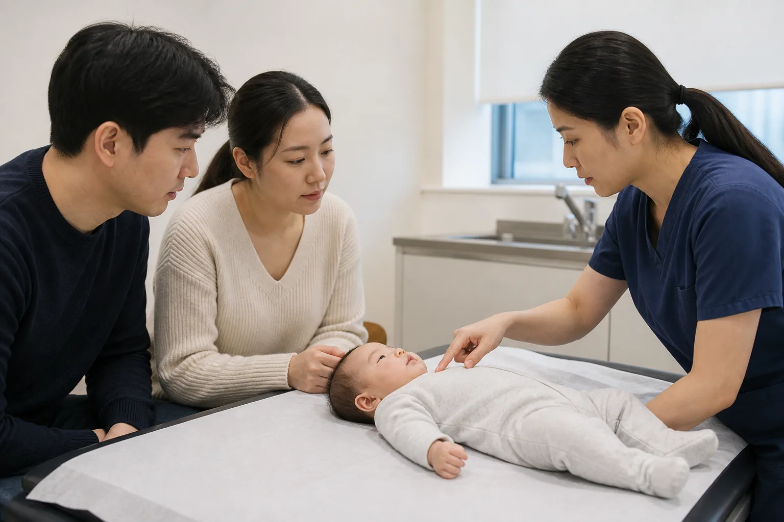 Adult caregivers observe an infant's breathing in a realistic safe home or pediatric clinic
