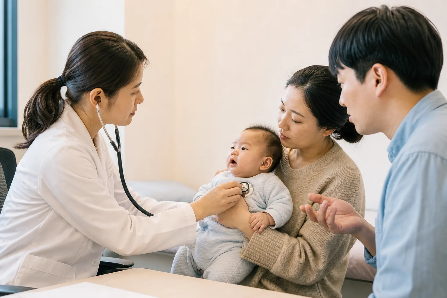 Adult caregivers observe an infant's breathing in a realistic safe home or pediatric clinic