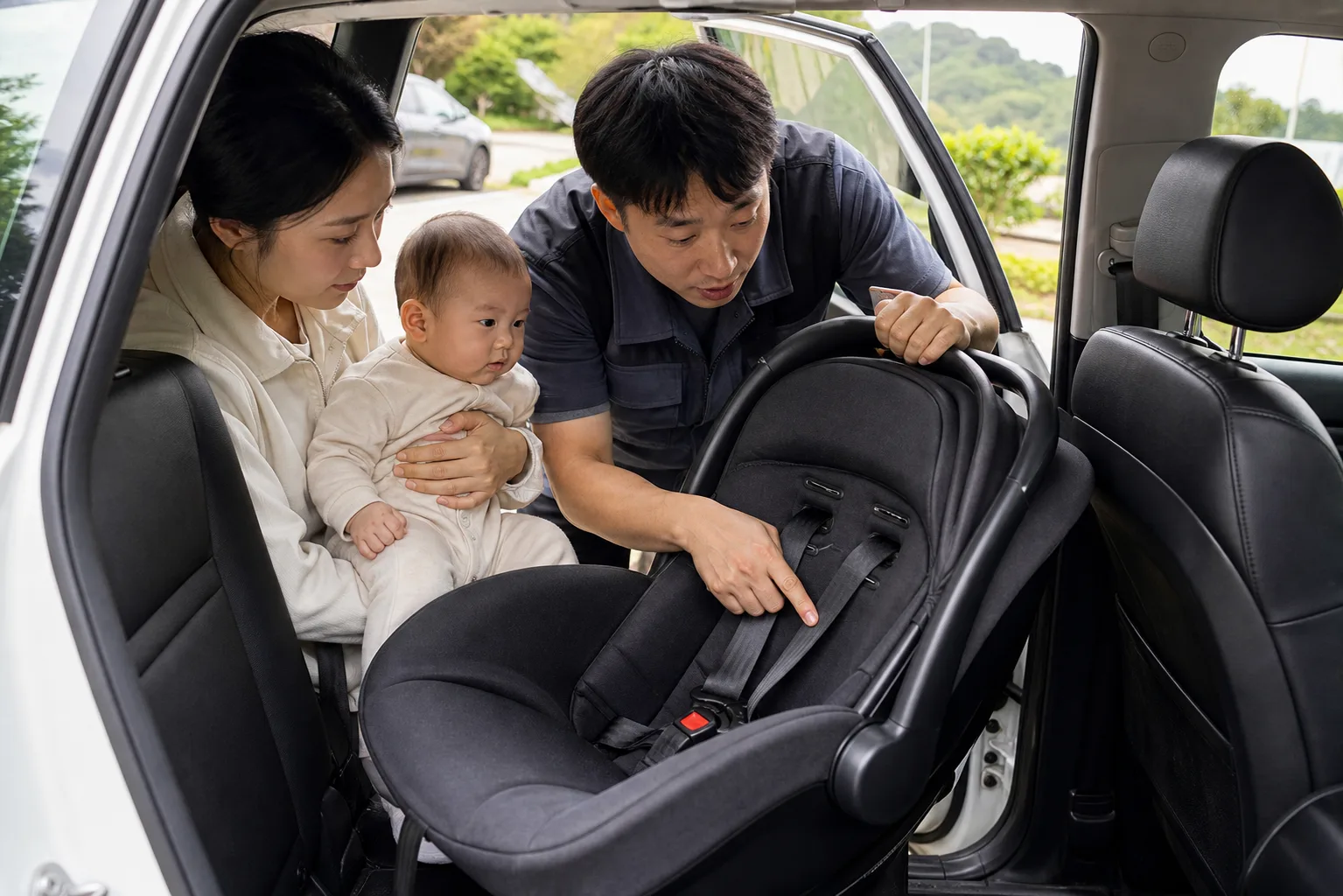Photorealistic real-life scene with people demonstrating infant car seat pre-trip check