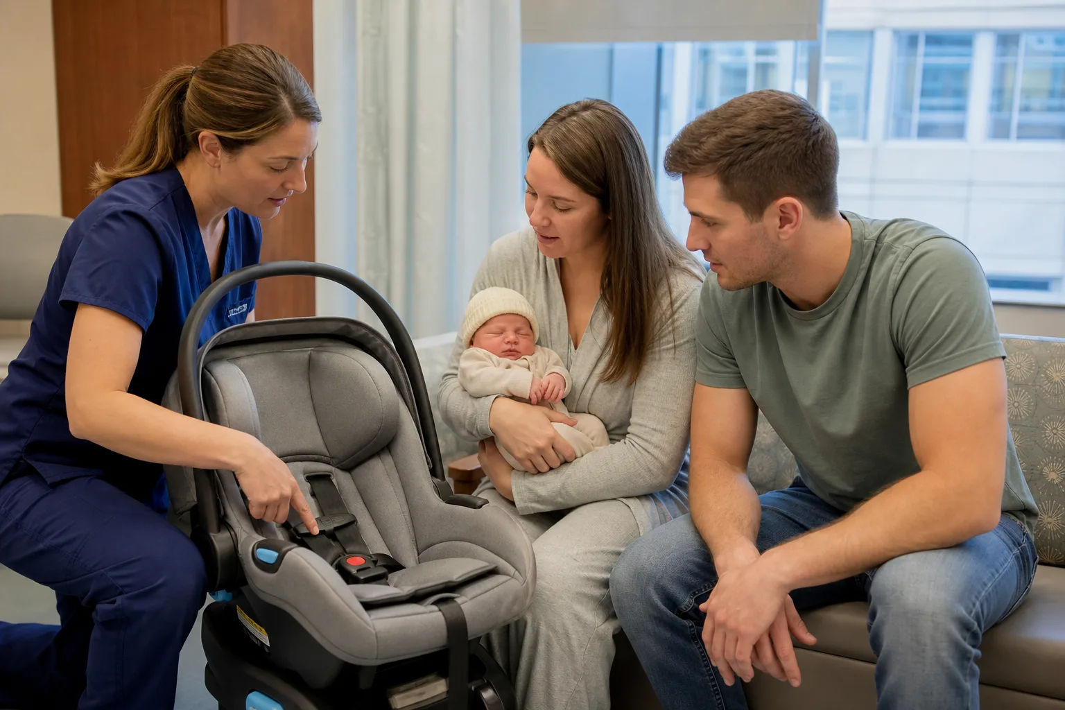 Photorealistic real-life scene with people demonstrating when to stop a car ride with baby