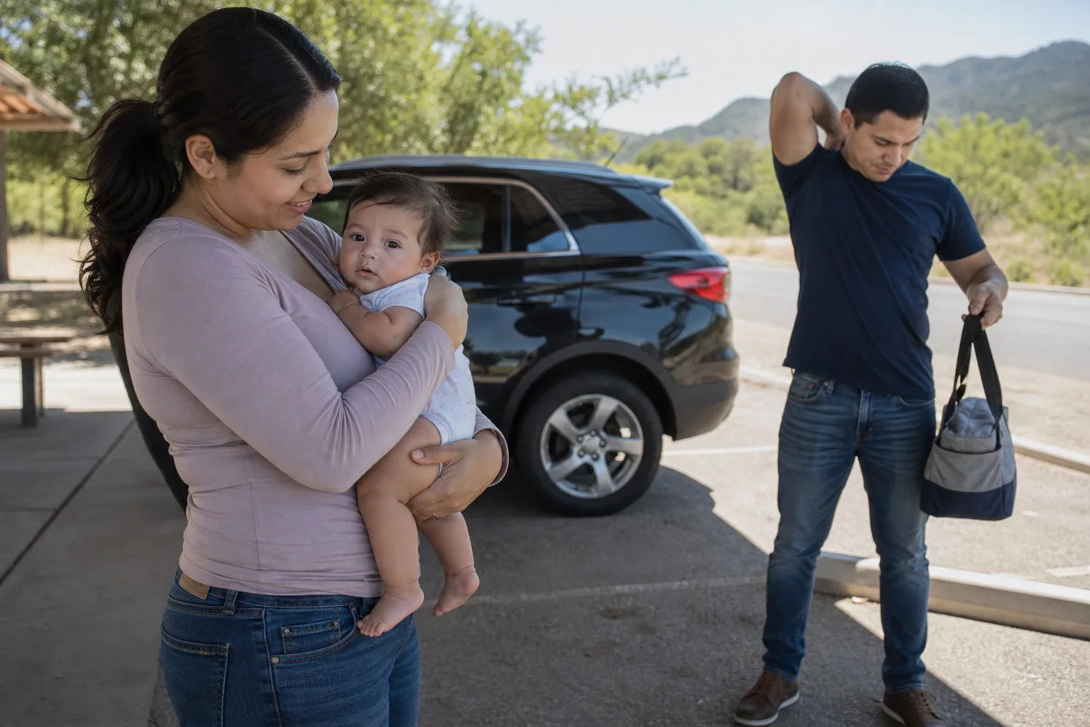 Photorealistic real-life scene with people demonstrating baby car travel safety guide