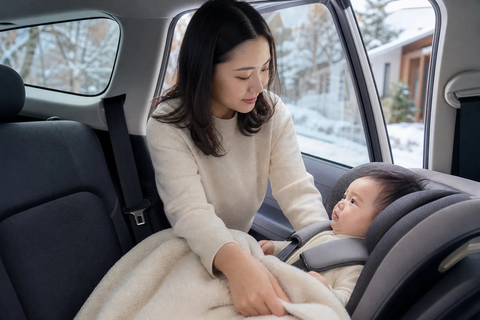 Photorealistic real-life scene with people demonstrating long car rides with a baby