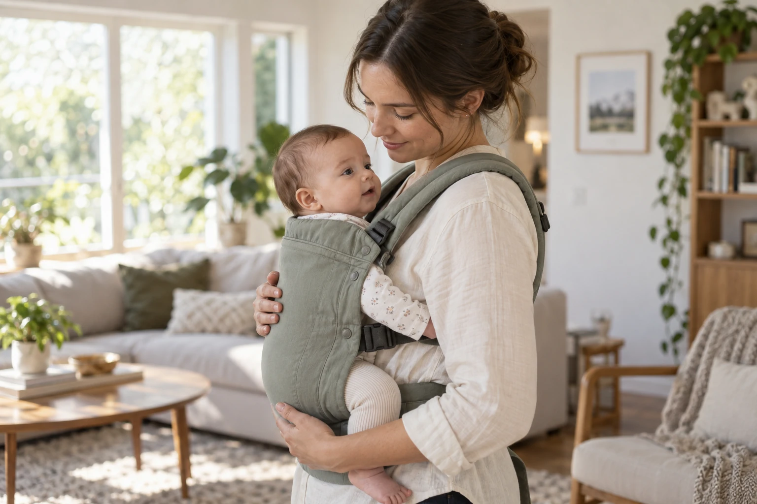 A mother stands in a living room with an infant in a front carrier.