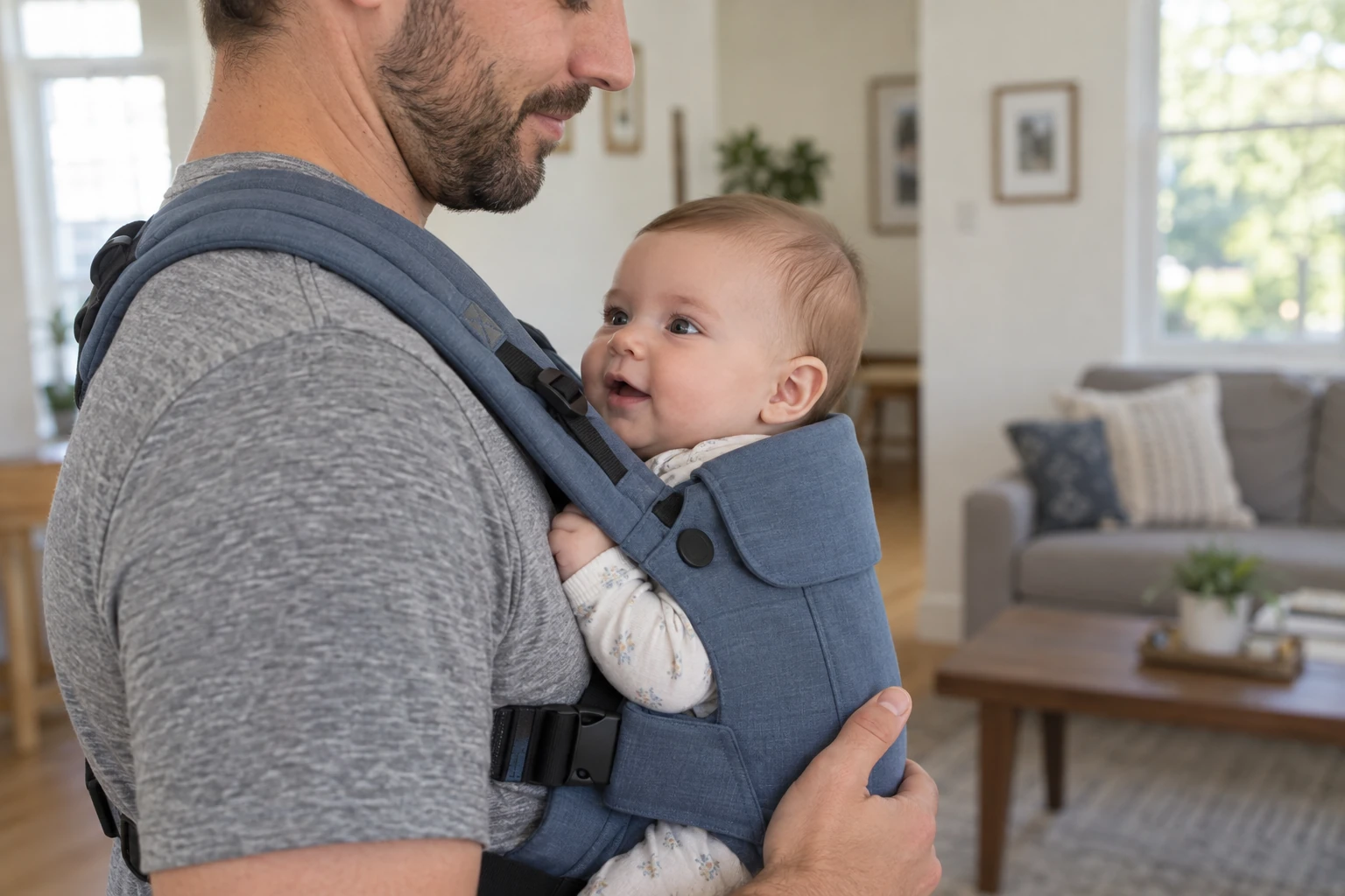 A side view shows the infant’s profile beside the caregiver’s chest.