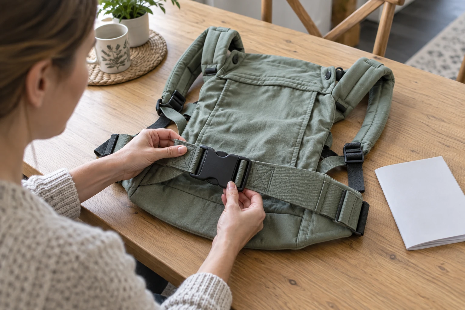 A caregiver inspects a carrier and its buckles on a table.