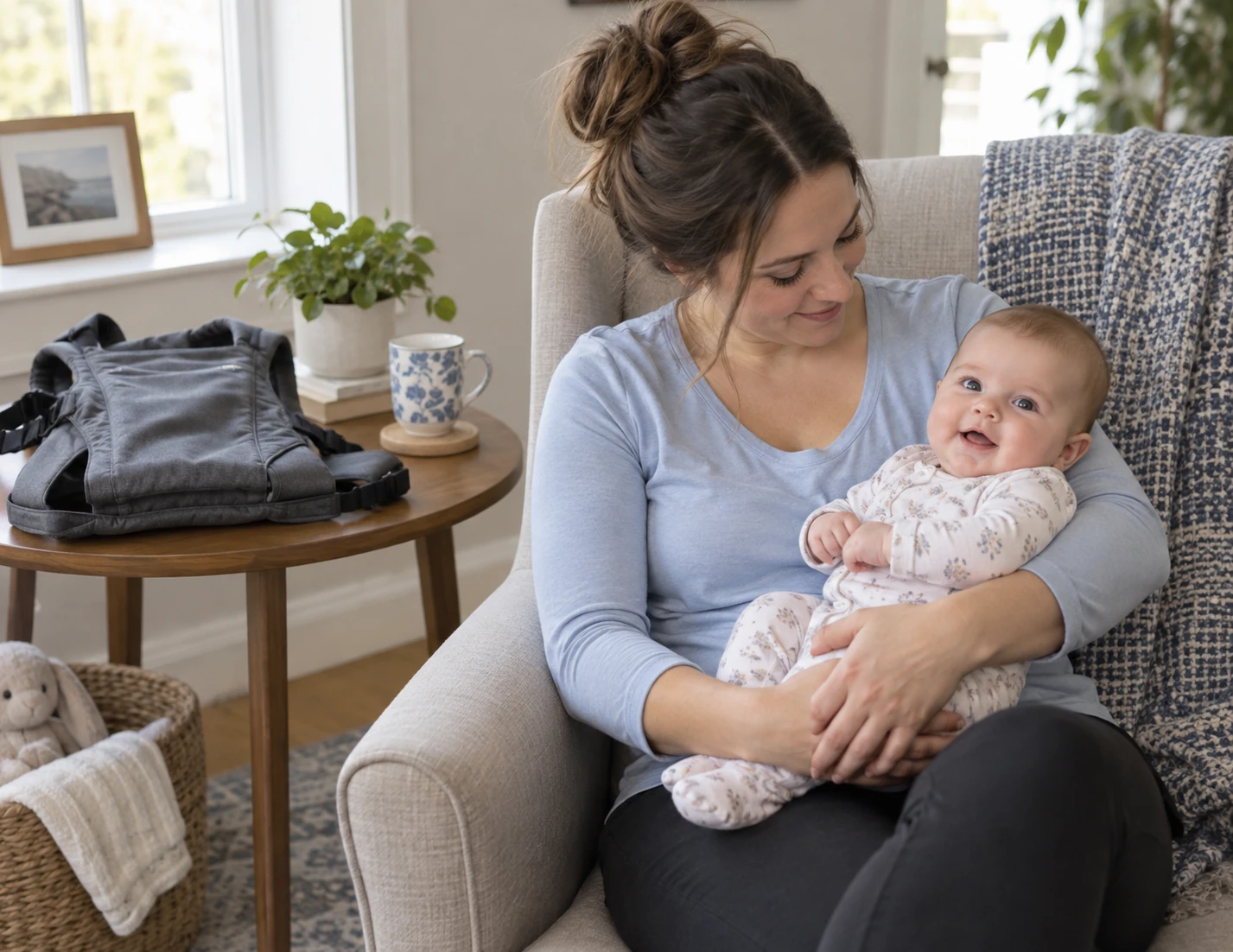 A seated caregiver holds an infant outside the carrier before a feed.