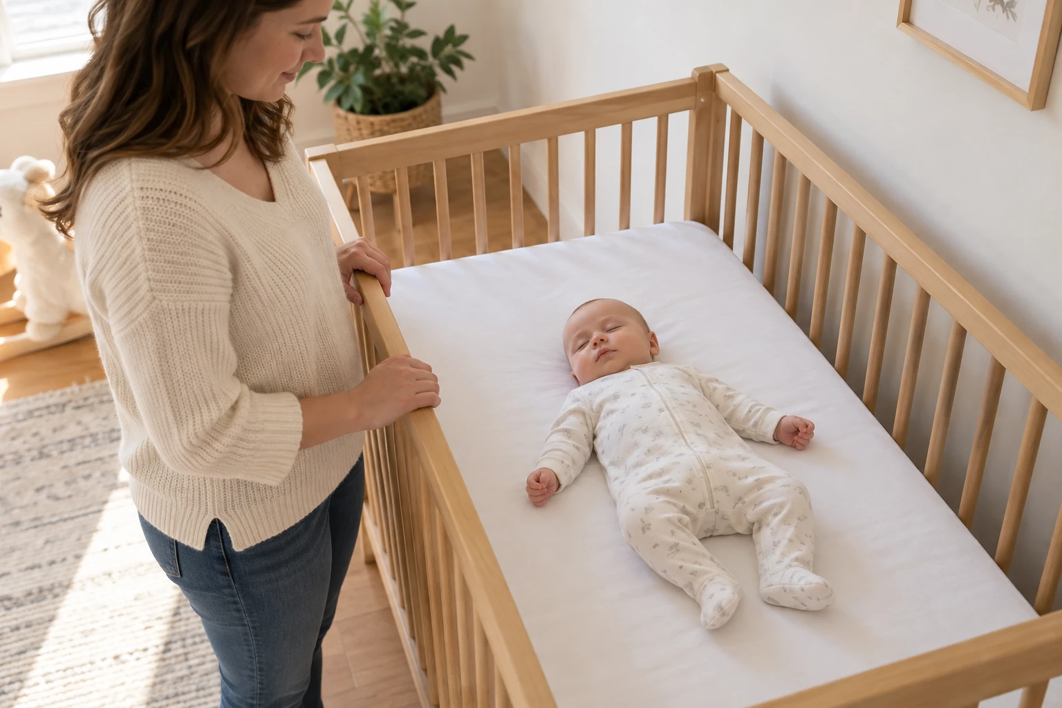 An infant lies on their back in a crib with a fitted sheet.