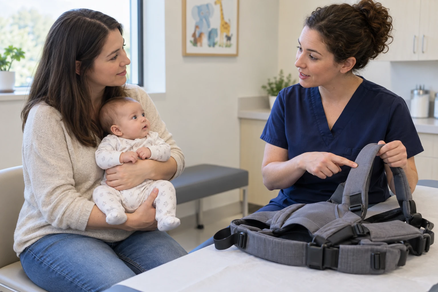 A caregiver talks with a clinician while an empty carrier rests nearby.