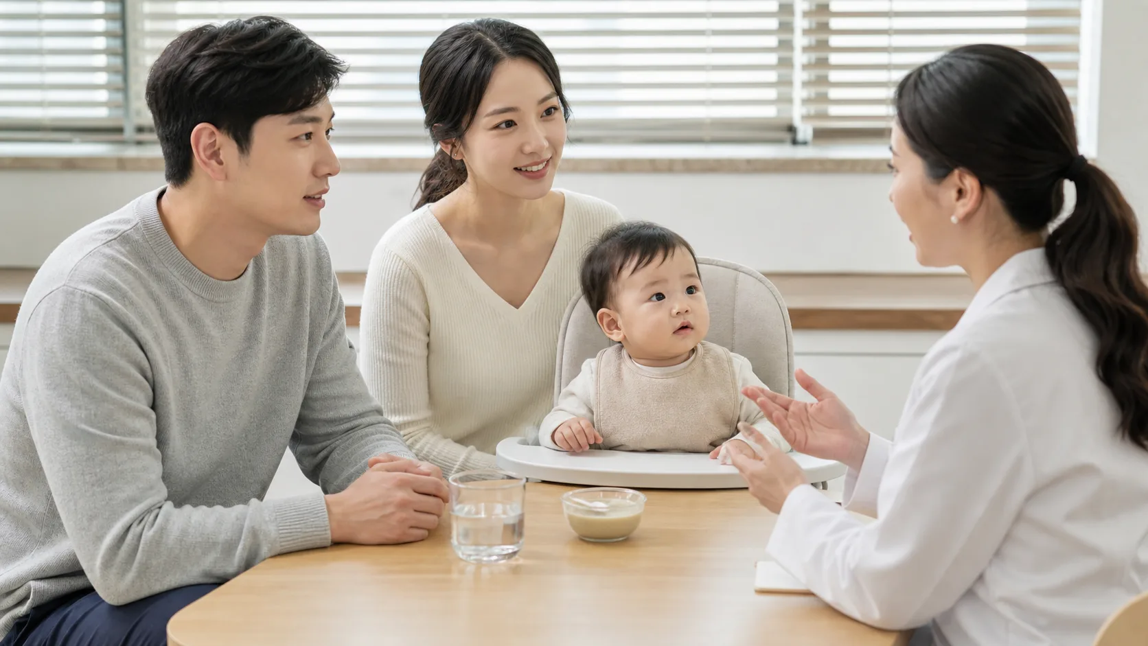 Parents observe or discuss an infant's straining and comfort in a photorealistic safe home or clinic