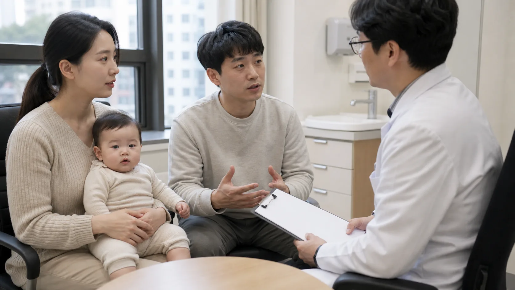 Parents observe or discuss an infant's straining and comfort in a photorealistic safe home or clinic