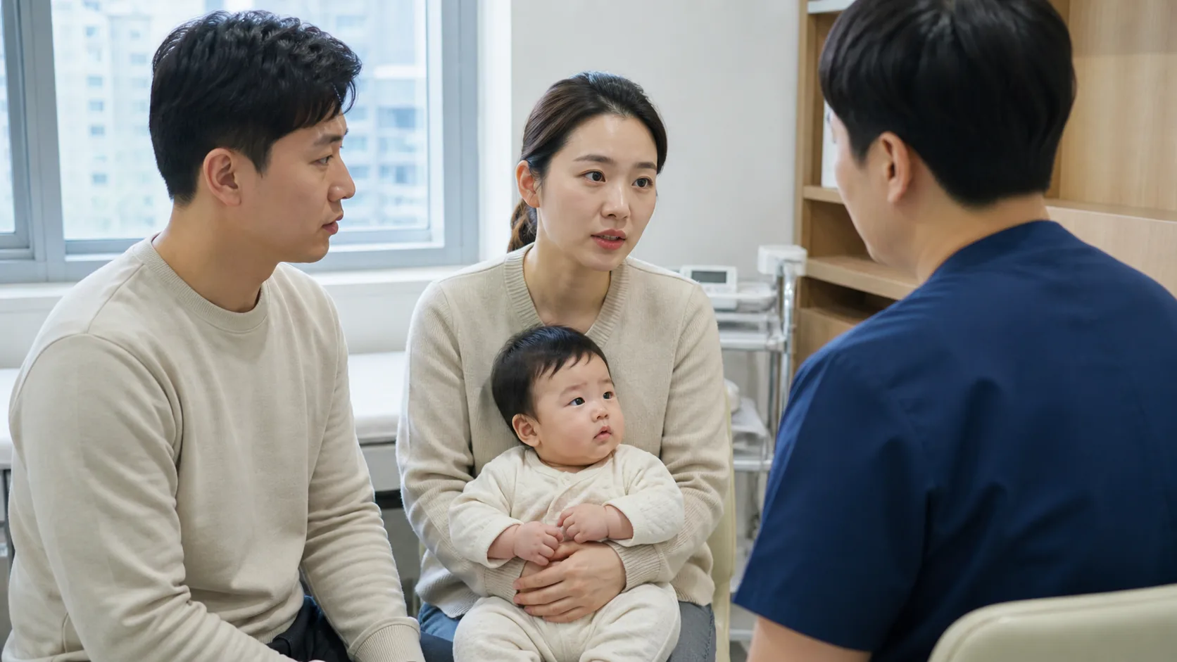 Parents observe or discuss an infant's straining and comfort in a photorealistic safe home or clinic