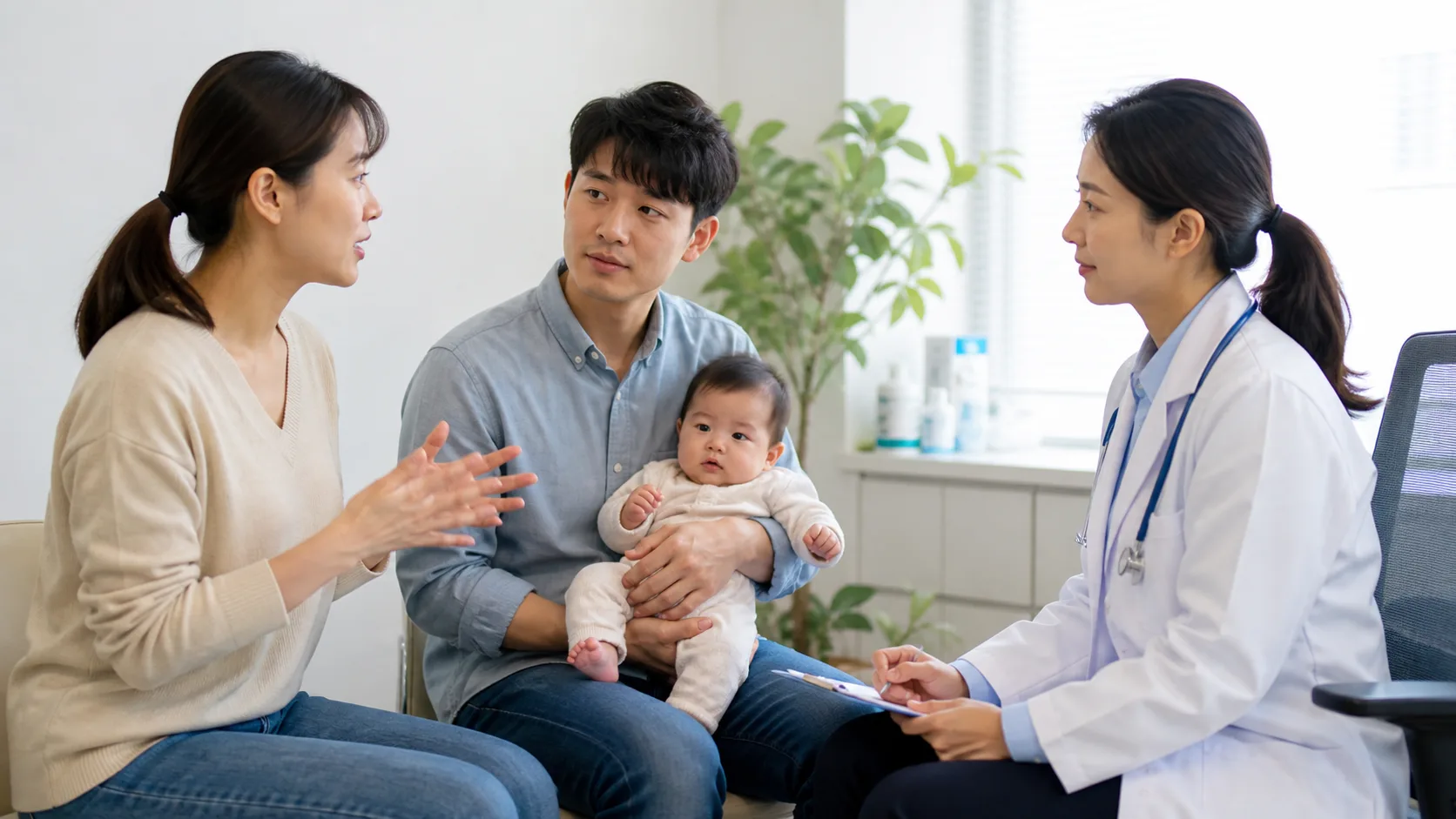 Parents observe or discuss an infant's straining and comfort in a photorealistic safe home or clinic
