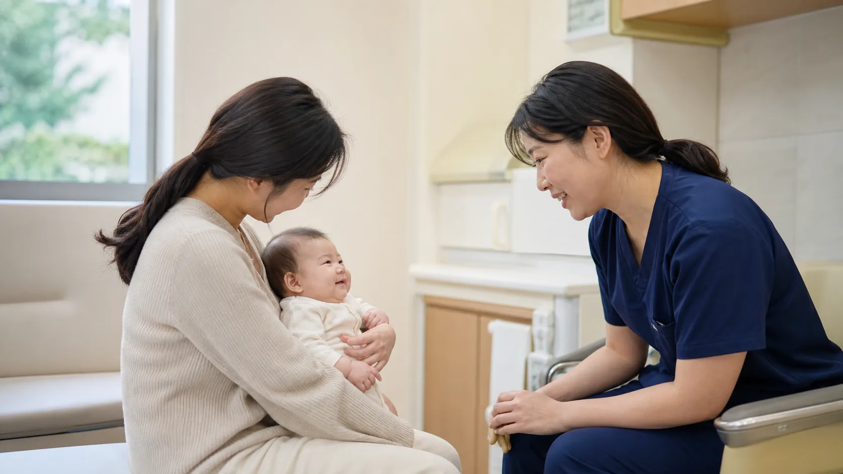 Parents observe or discuss an infant's straining and comfort in a photorealistic safe home or clinic