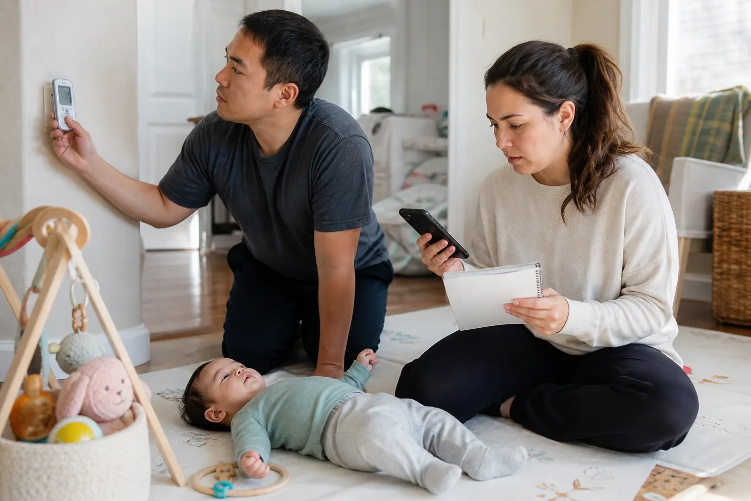 Two caregivers calmly check room temperature, notes, and a phone beside their supervised awake baby
