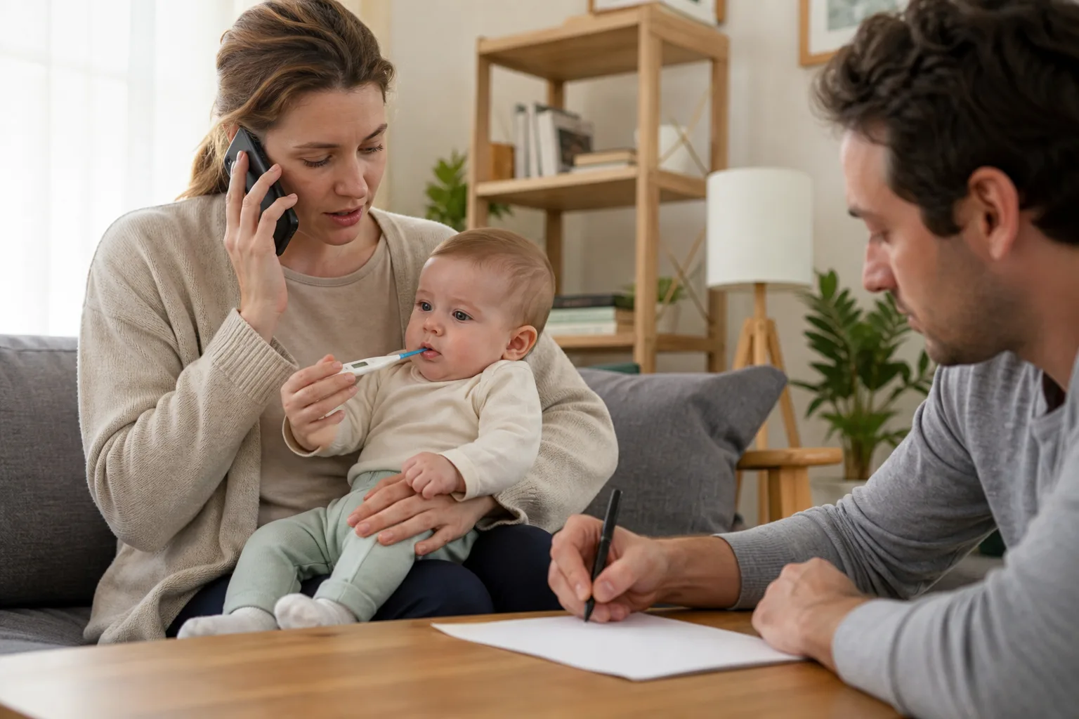 Caregiver checks an awake baby's temperature while calling a pediatric clinic and another adult records the time