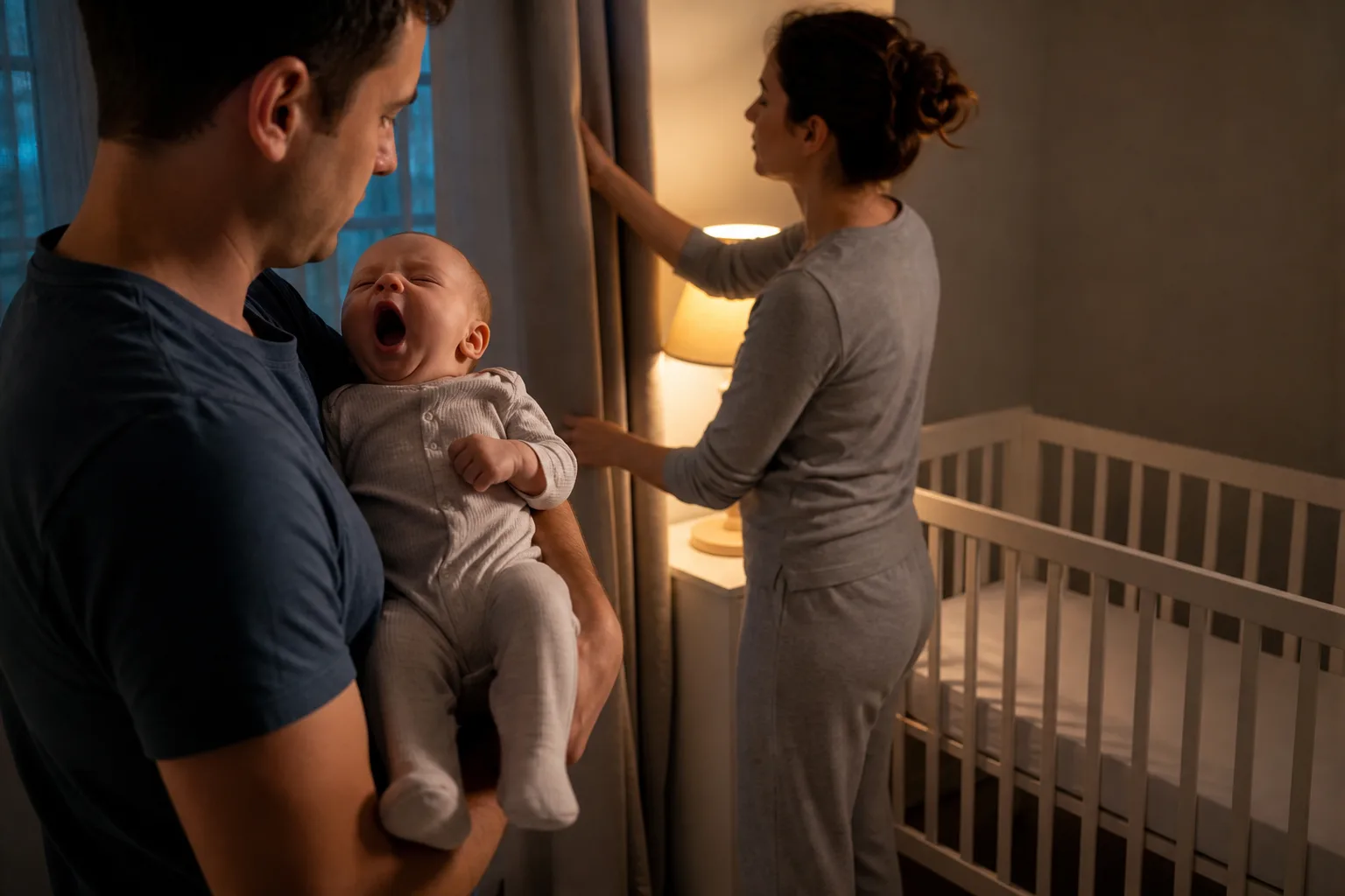 One caregiver securely holds a yawning baby while another dims the nursery beside an empty safe crib