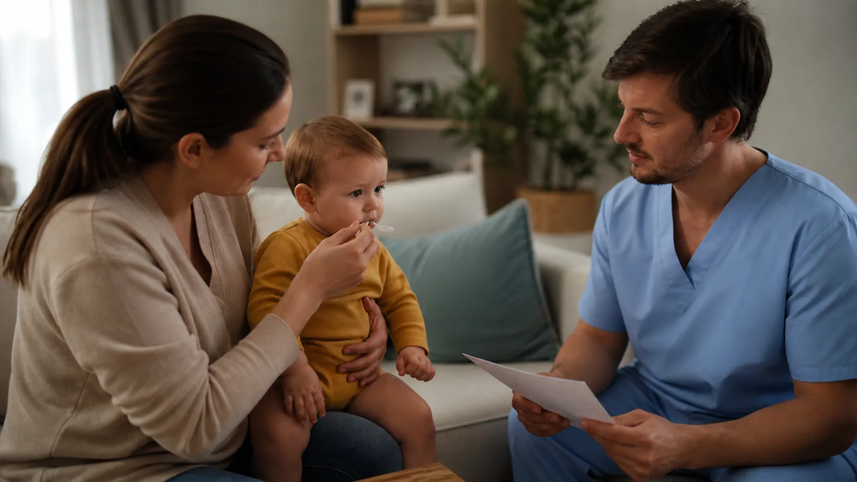 Parents and a clinician monitor an infant's feeding, urine, and hydration in a photorealistic safe home, pharmacy, or clinic