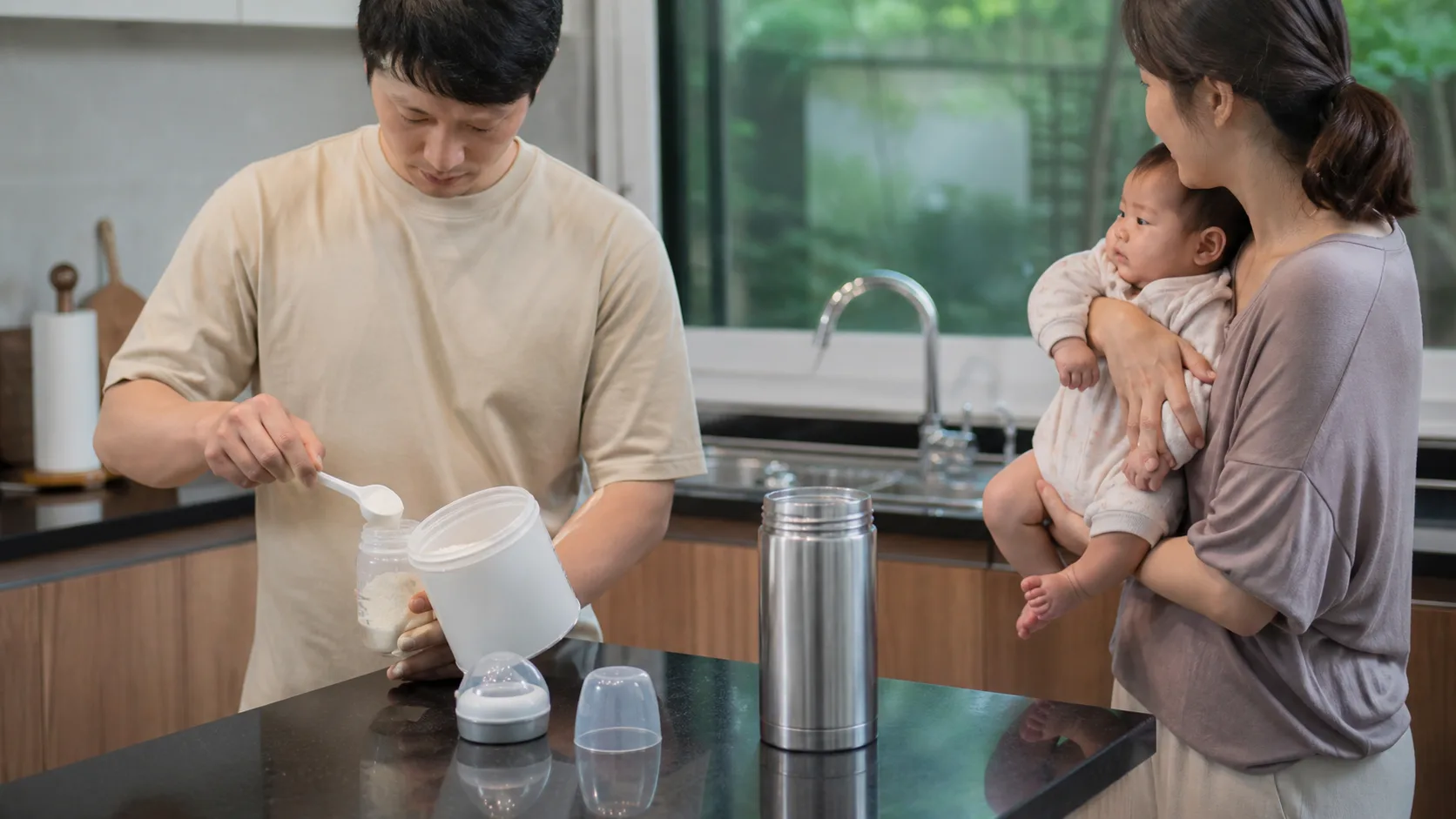 Parents and a clinician monitor an infant's feeding, urine, and hydration in a photorealistic safe home, pharmacy, or clinic