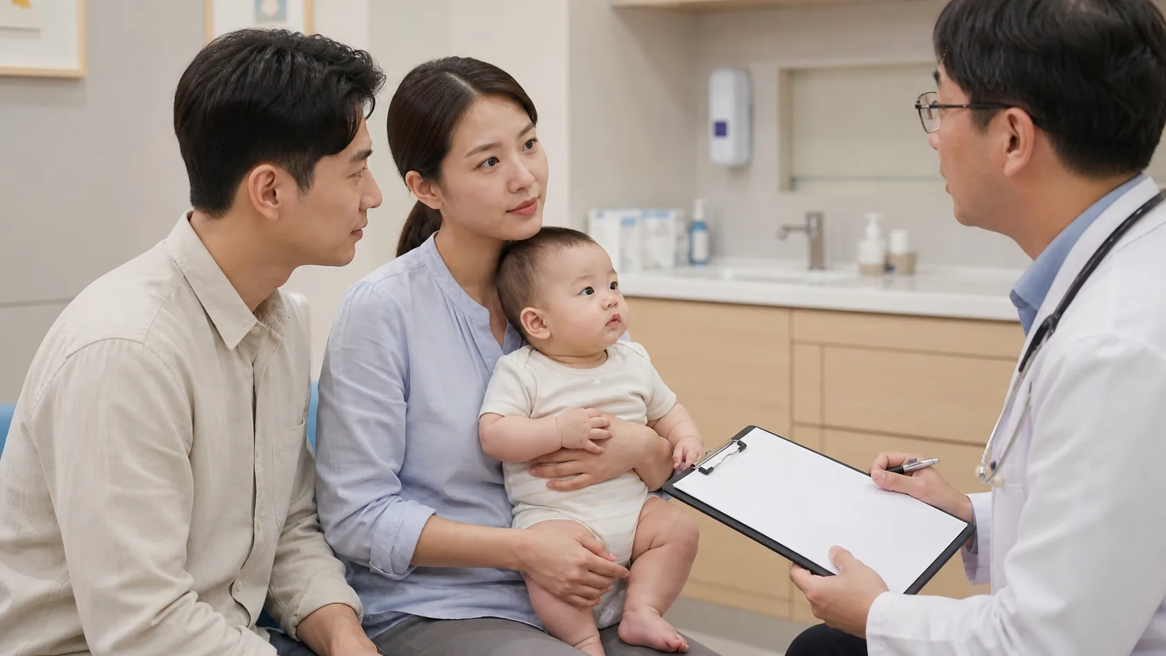 Parents and a clinician monitor an infant's feeding, urine, and hydration in a photorealistic safe home, pharmacy, or clinic