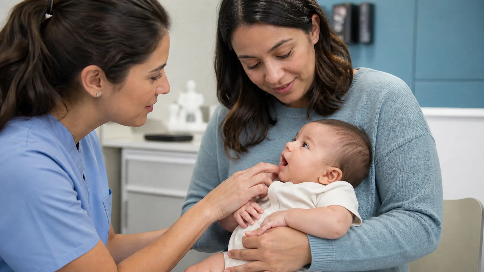 Parents and a clinician monitor an infant's feeding, urine, and hydration in a photorealistic safe home, pharmacy, or clinic