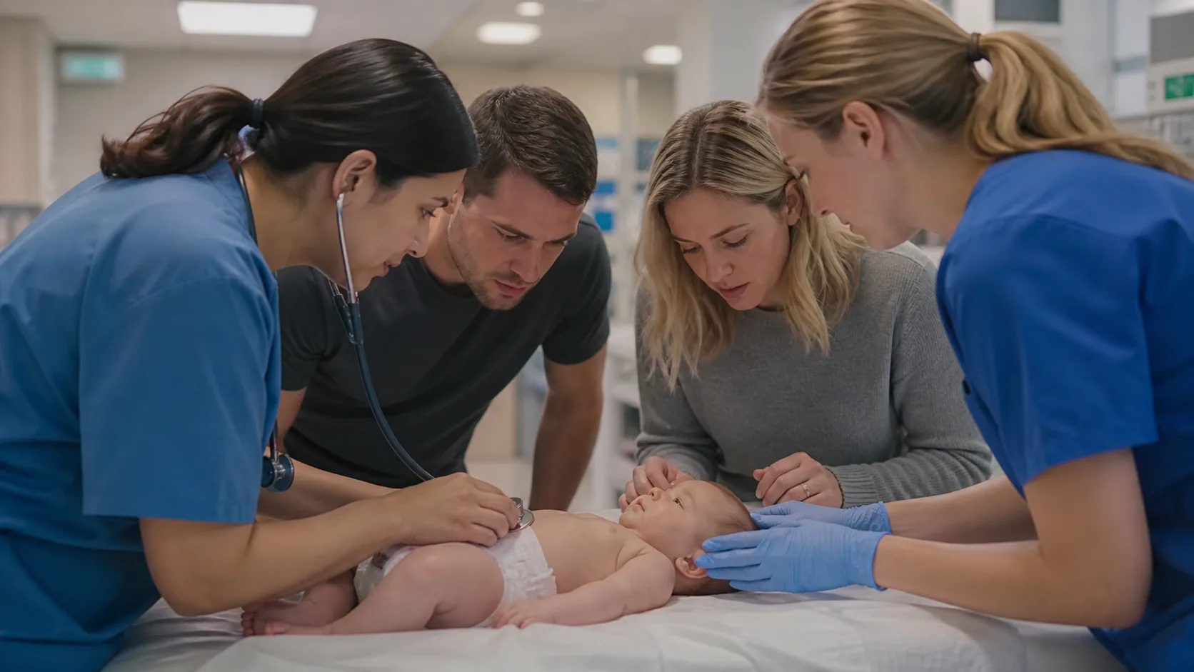 Parents and a clinician monitor an infant's feeding, urine, and hydration in a photorealistic safe home, pharmacy, or clinic