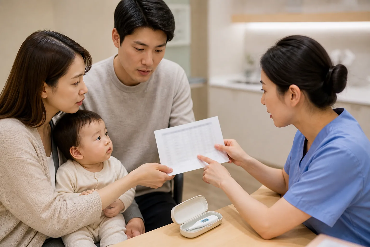 Adult caregivers measure or record an awake infant's temperature in a realistic home or pediatric clinic