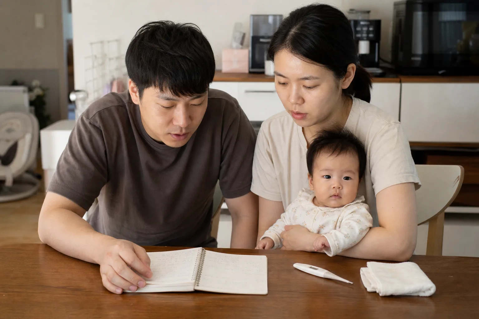 Adult caregivers measure or record an awake infant's temperature in a realistic home or pediatric clinic