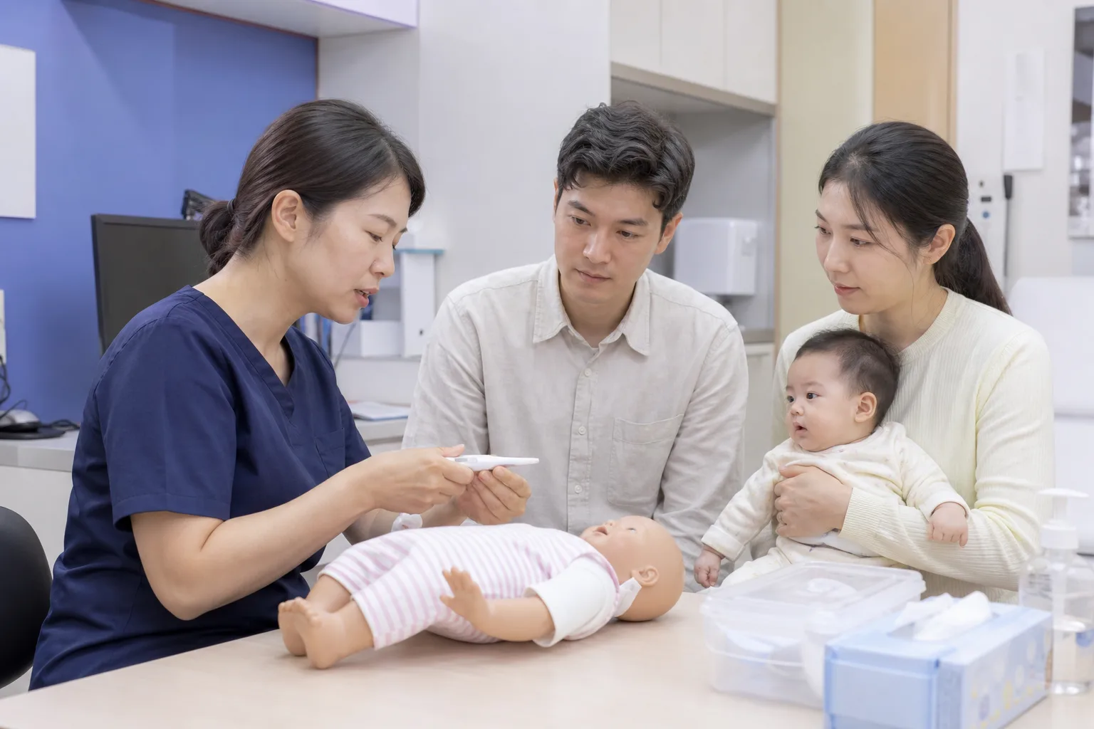 Adult caregivers measure or record an awake infant's temperature in a realistic home or pediatric clinic