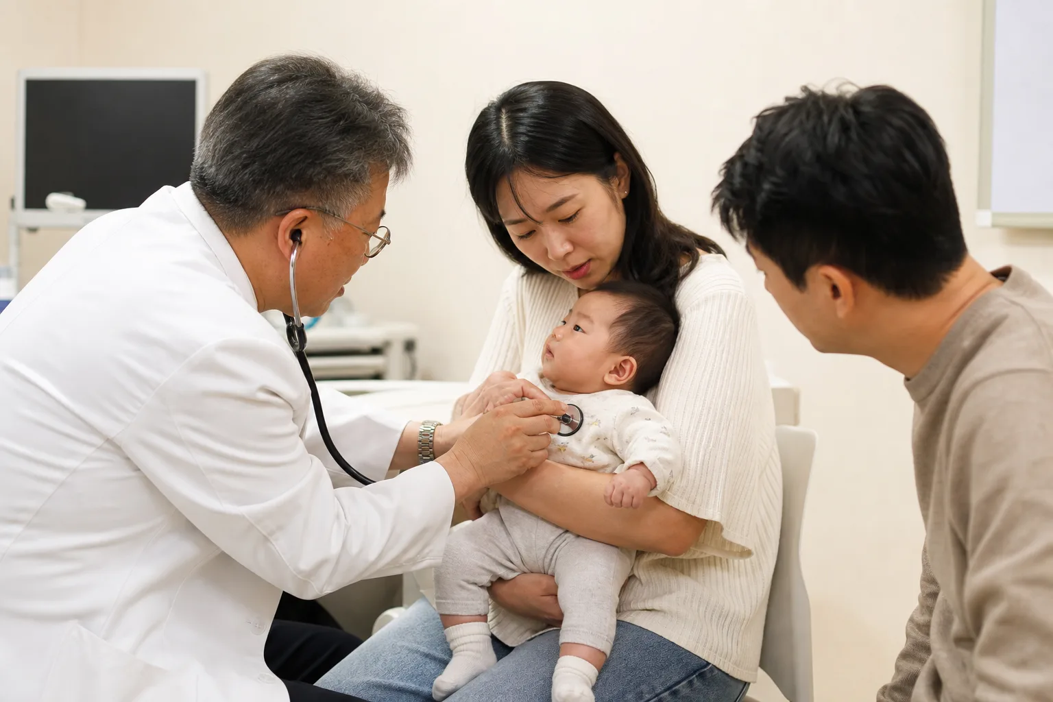 Adult caregivers measure or record an awake infant's temperature in a realistic home or pediatric clinic