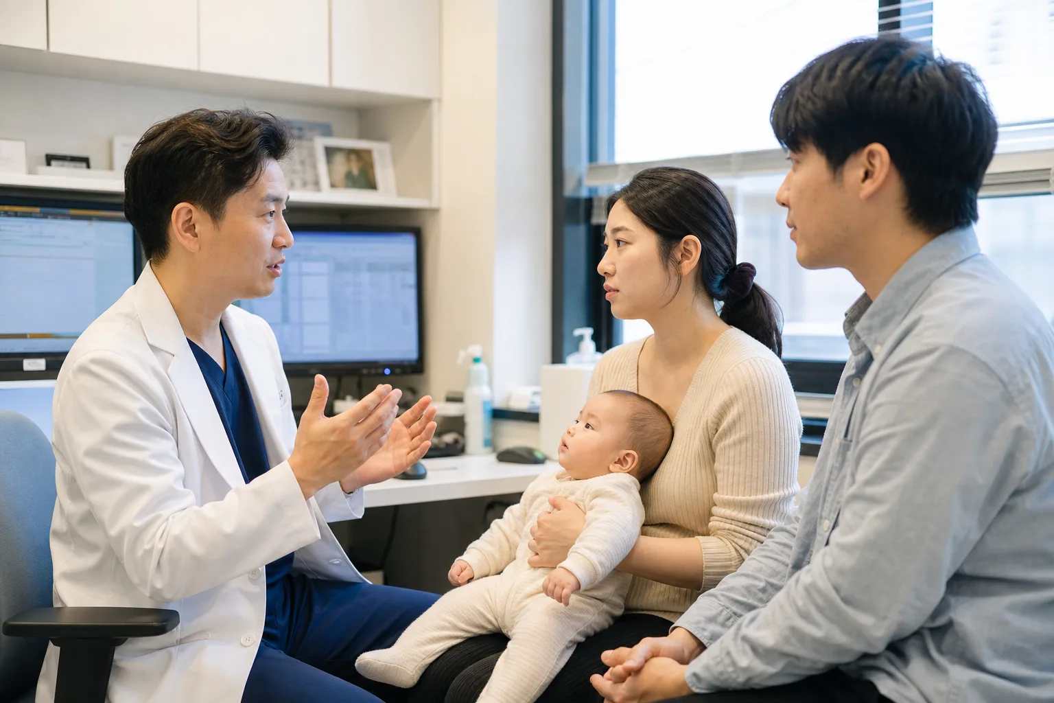 A photorealistic scene with parents, baby, clinician, or first-aid instructor demonstrating safe choking prevention