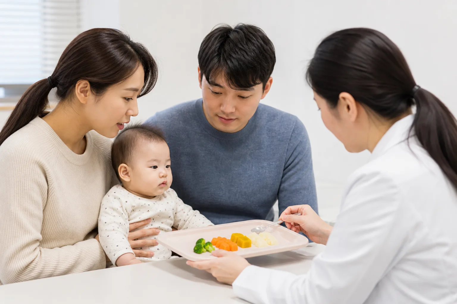 A photorealistic scene with parents, baby, clinician, or first-aid instructor demonstrating safe choking prevention