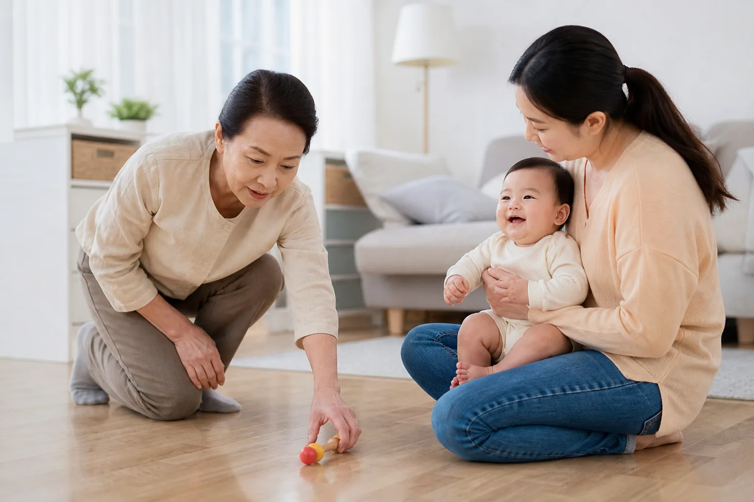 A photorealistic scene with parents, baby, clinician, or first-aid instructor demonstrating safe choking prevention