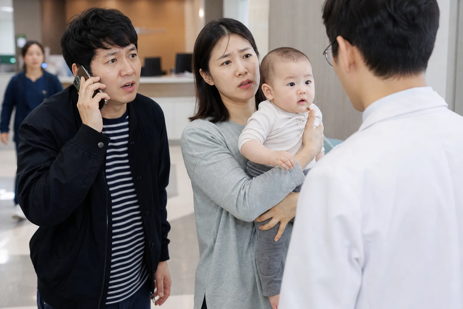 A photorealistic scene with parents, baby, clinician, or first-aid instructor demonstrating safe choking prevention
