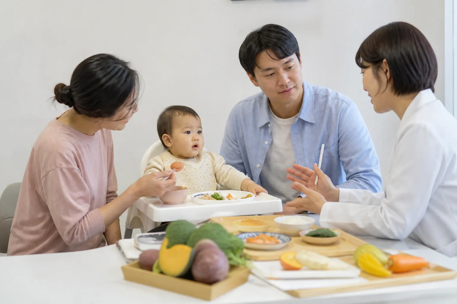 A photorealistic scene with parents, baby, and clinician measuring or discussing infant growth