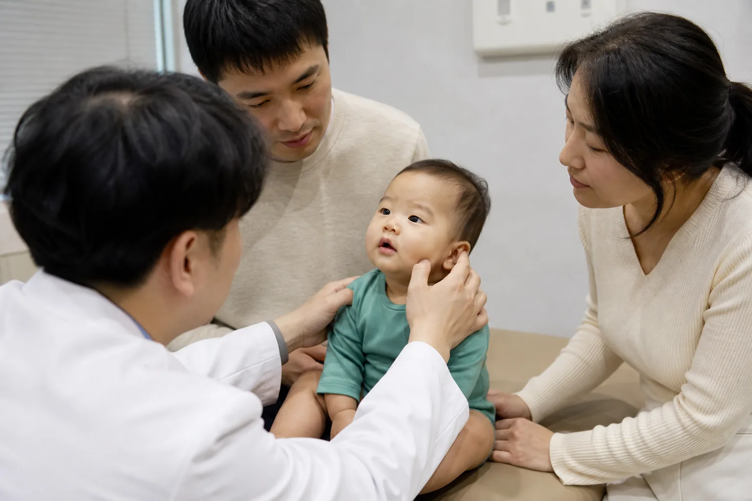 A photorealistic scene with parents, baby, and clinician measuring or discussing infant growth